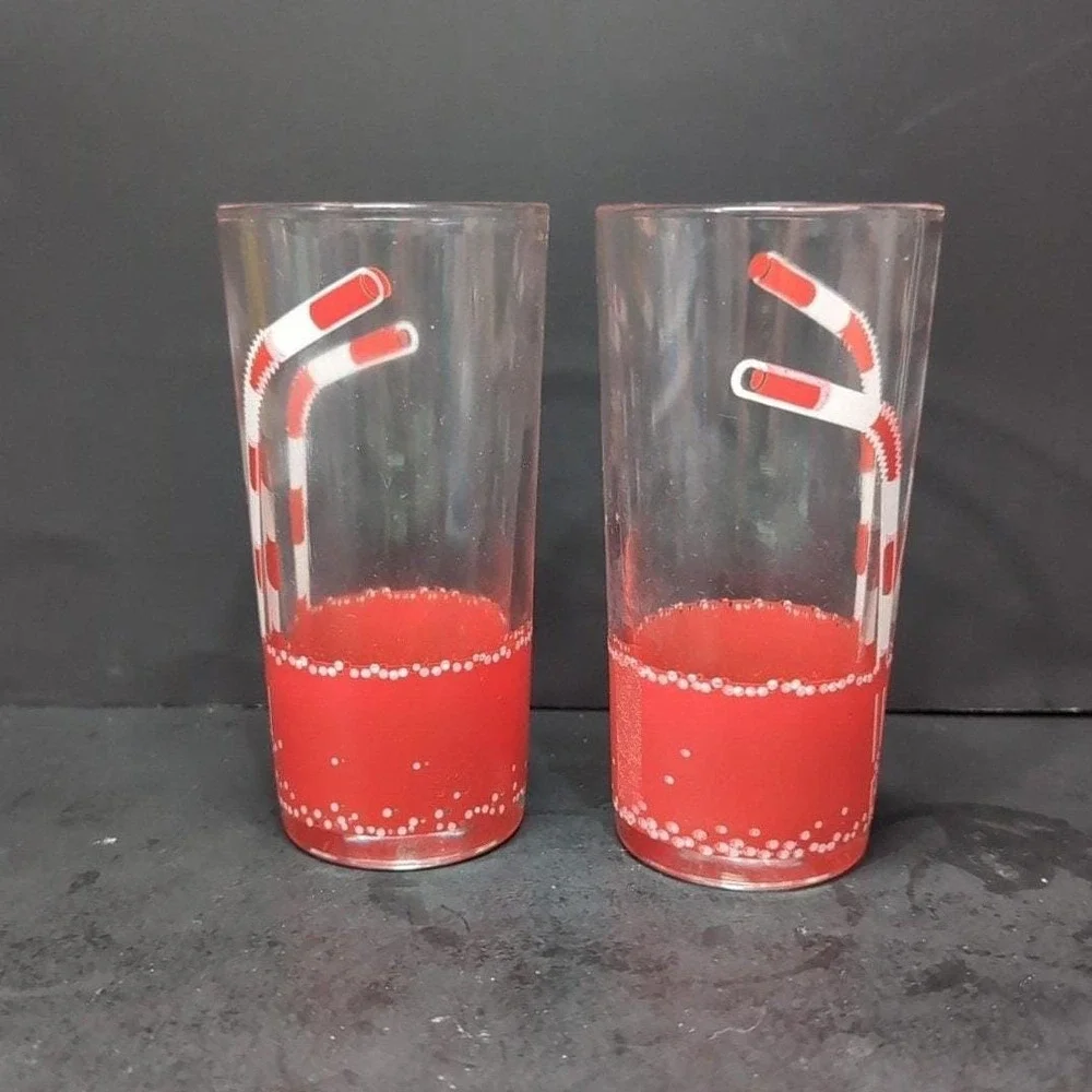 Retro Diner‎ Drinking Glasses, Set of 2, Red Straws Design, Vintage Tumblers